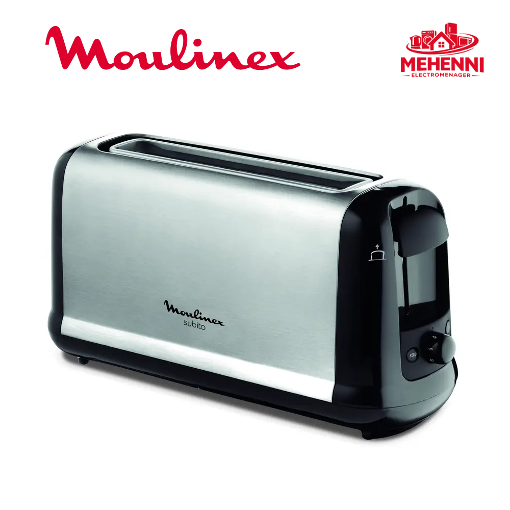 Moulinex Grille-pain 1 longue fente, 7 niveaux de dorage, Fente large, Bouton arrêt, Décongélation, Réchauffage, Tiroir ramasse-miettes, Subito, Inox LS260800
